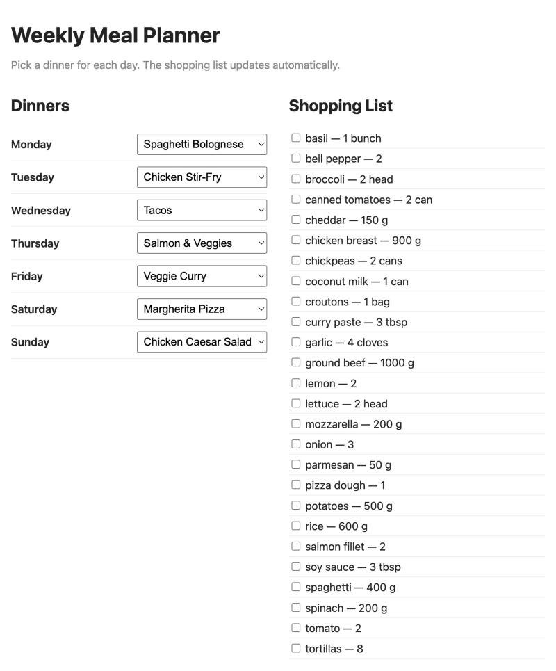 A plain weekly meal planner with a dinner for each day and a shopping list