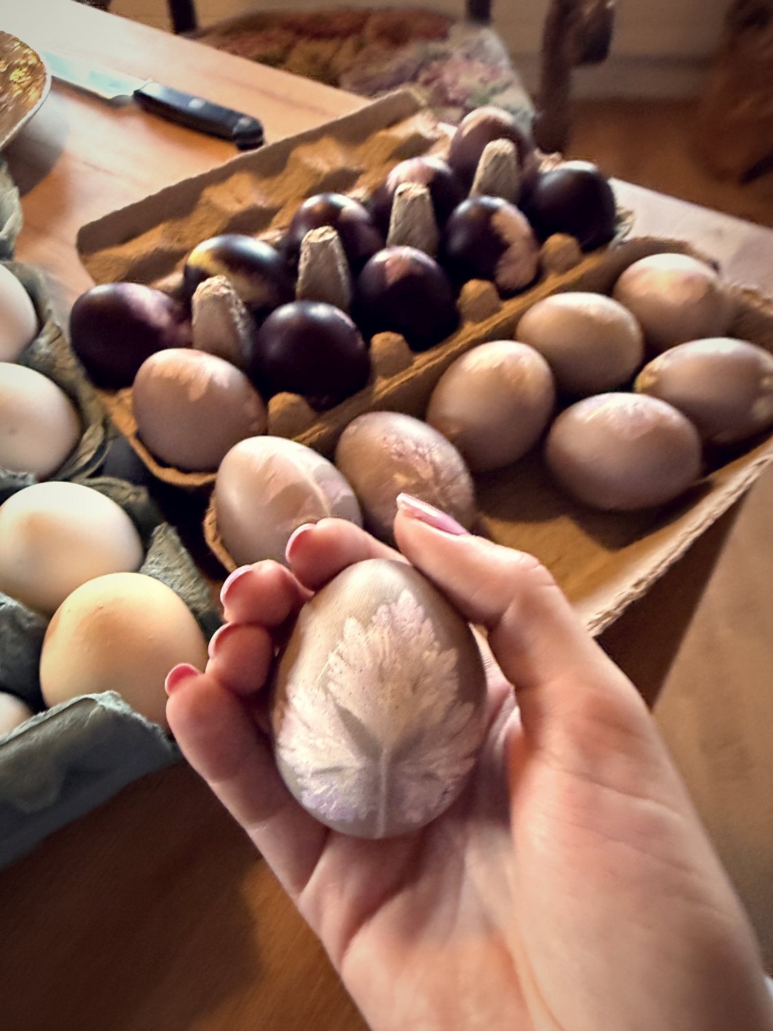 A hand holding an egg over a tray of eggs